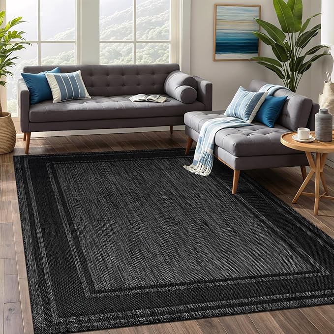 Beverly Rug Large Outdoor Rug 9x12 Modern Bordered Area Rugs for Indoor and Outdoor Patio Deck Porch Garden Waterproof Weather Sun Resistant Washable Outside Carpet (9 x 12 Black)-Ruum Studio Home