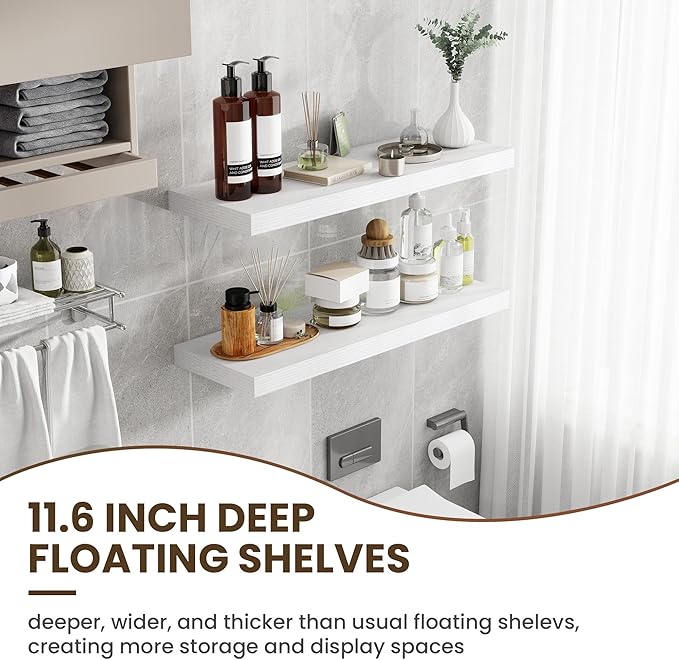 36 Inch Floating Shelves, 12 Inch Deep Floating Shelves for Wall, Floating Shelf with Invisible Brackets, Large Deep Wall Shelves for Bathroom, Bedroom, Living Room, 2 Pack, White-Ruum Studio Home