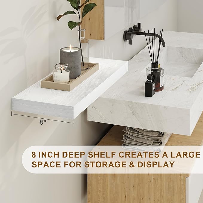 Fun Memories White Floating Shelves, 8 Inch Deep Wall Shelves Set of 2, Rustic Deep Shelves for Wall Storage, 24 x 8 Floating Shelves, 8" Deep White Shelves for Bedroom, Living Room, Kitchen-Ruum Studio Home