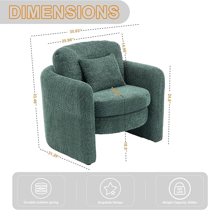 Chenille Accent Armchair Oversize Upholstered Barrel Comfy Modern Round Lounge Chair with Pillow Cozy Reading Chairs for Apartment,Office,Living Room,Dining,Makeup,Club,Green-Ruum Studio Home