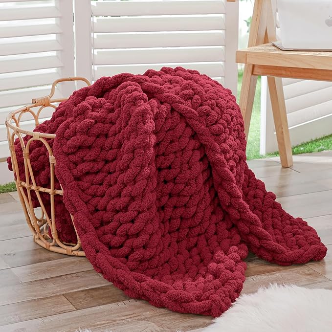Bigacogo Chunky Knit Throw Blanket for Couch, 40x40 inches, 100% Hand Knitted with Thick Jumbo Chenille Yarn, Cozy Soft Large Rope Knot Cable Crochet Blankets for Sofa Bed Living Room, Red-Ruum Studio Home