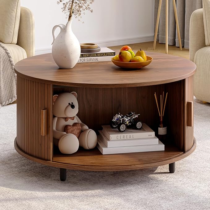 Round Coffee Table with Storage, 31.5" Modern Coffee Table with 360° Curved Sliding Door, Fluted Wood Accent Coffee Table with Adjustable Footpads, Round Center Table for Living Room, Walnut-Ruum Studio Home