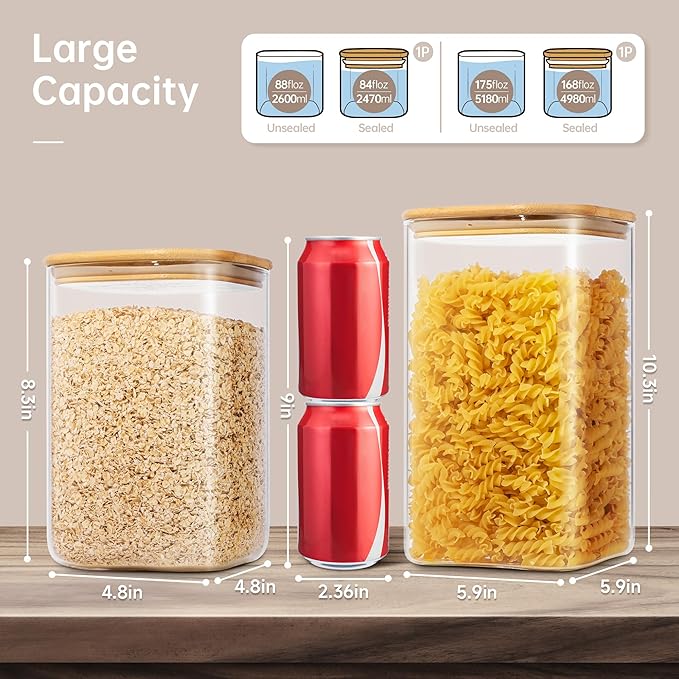Extra Large Square Glass Flour & Sugar Storage Containers with Airtight Lids, 168 floz & 84 floz - 2 Pack Glass Jars with Bamboo Lids, Air tight Food Storage Containers for Cereal, Pasta, Rice-Ruum Studio Home
