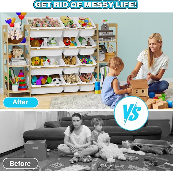 Toy Storage Organizer, with 4-Tier Toy Shelf and 12 Bins, Kids Bookshelf and Toy Storage with 6 Shelves for Kids Room Bedroom Playroom Nursery Room-Ruum Studio Home
