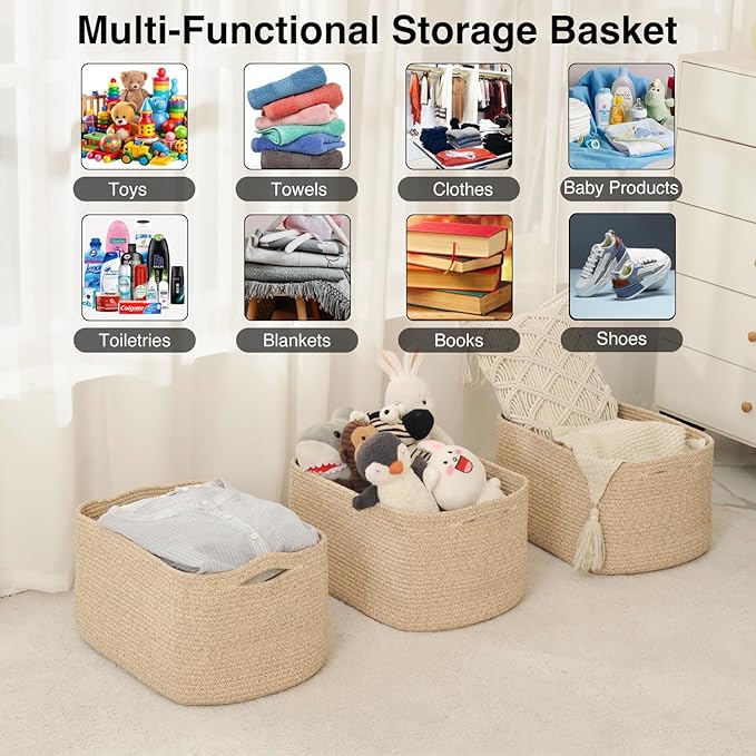 Large Storage Baskets for Organizing Shelves, Woven Cotton Rope Bins for Baby Nursery Organization, Book Toy Towel Organizer, 17"x13"x9.5", 3 Packs, Brown-Ruum Studio Home