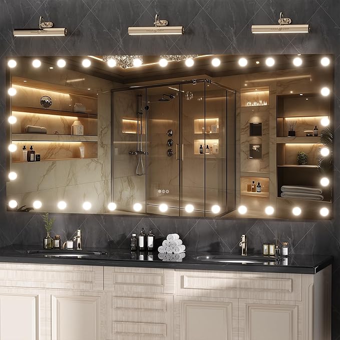 Hasipu LED Bathroom Mirror with Lights, 84" x 40" Hollywood Wall-Mounted Bathroom Mirror with 34 Dimmable Bulbs, 3 Colors Modes, Touch Control, Anti-Fog, Memory Function, Shatter-Proof, ETL Listed-Ruum Studio Home