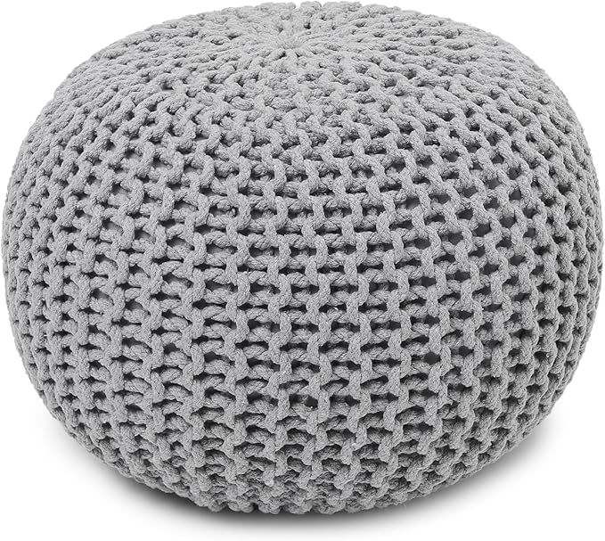 REDEARTH Round Boho Pouf Ottoman - Cable Knitted Cord Boho Pouffe - Stuffed Poof Accent Beanbag Footrest for Living Room - Nursery - Bedroom - Covered Patio - Study Nook (19.5"x19.5"x14") - Gray-Ruum Studio Home