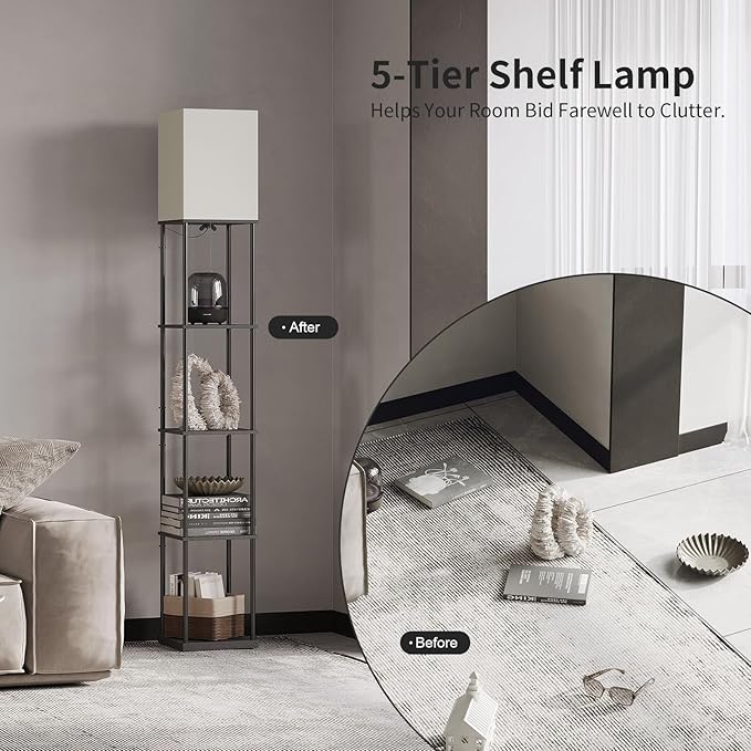 SUNMORY 5 Tier Floor Lamp with Shelves, Modern Square Standing Lamp with 3 Color Temperature Bulb, Corner Display Bookshelf Lamp for Living Room and Bedroom, Tall Shelf Floor Lamp-Ruum Studio Home