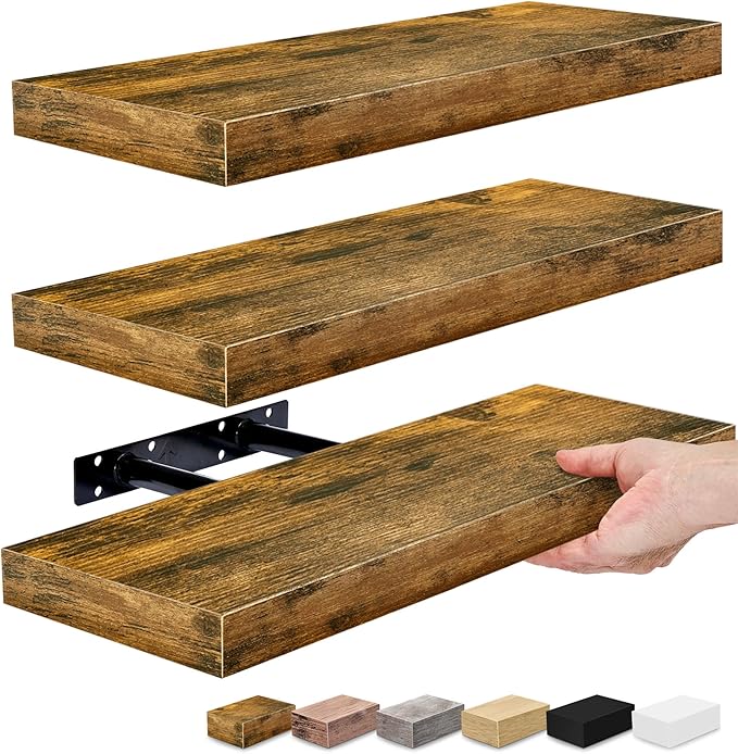 Sorbus Floating Shelves for Wall, Bathroom Shelves Wall Mounted for Kitchen, Bedroom, Bathroom Storage Over Toilet, Hanging Book Shelf for Wall Home Decor Living Room (Rustic Brown, 3 Pack)-Ruum Studio Home