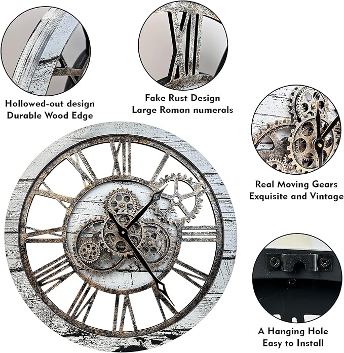 The B-Style Large Wall Clock 24 inch Moving Gear Wall Clock Oversized Vintage Farmhouse Wall Clocks for Living Room Decor Rustic Industrial Wood Clock (Gray and White)-Ruum Studio Home
