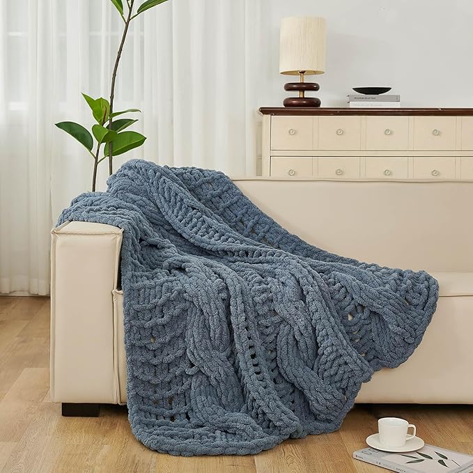 Esterra Chunky Knit Blanket Throw 50"x60", 100% Hand Knitted Chenille Throw Blanket, Cozy Soft Thick Cable Knit Throw Large Rope Knot Crochet Throw Blanket for Sofa Couch Bed, Blue Mirage-Ruum Studio Home