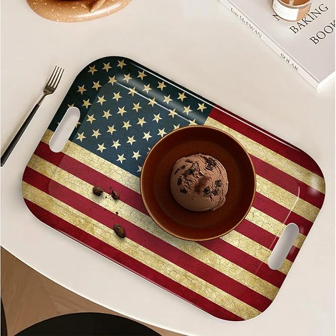Serving Trays with Handles, 14.5 x 9.8 inch Rectangular Plastic Tray for Restaurant, Kitchen, Vintage United States of America Flag-Ruum Studio Home