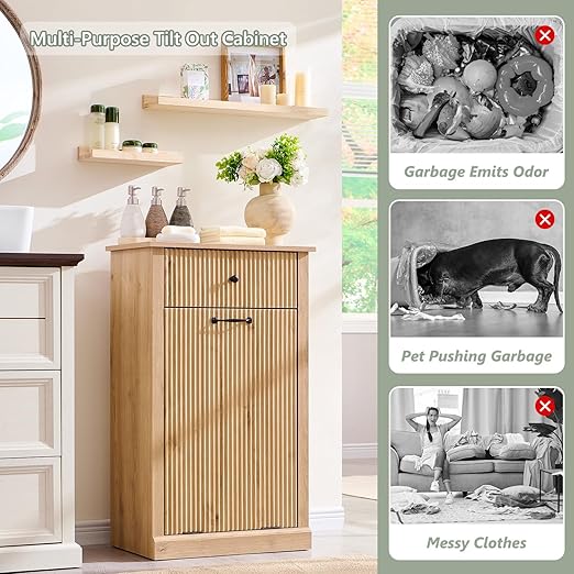 Modern Tilt-Out Trash Can Cabinet, 10 Gallon Fluted Laundry Hamper Cabinet with Drawers, Wooden Hidden Garbage Can Cabinet w/Storage Basket, Free Standing for Kitchen & Living Room,Natural Oak-Ruum Studio Home