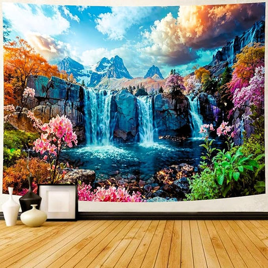 Delur Waterfall Tapestry Tropical Forest Mountain Sunset Tree Wall Hanging Tapestry Scenic Rainforest Landscape Nature Sunrise Headboard for Bedroom Living Room Home Decor (51.2" x 59.1")-Ruum Studio Home