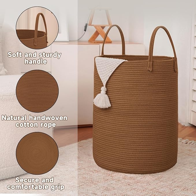 Large Woven Laundry Basket Hamper,80L Cotton Rope Storage Bin for Blankets,Toys and Clothes,Decorative Tall Nursery Hamper for Living Room,Baby Nursery,Bathroom and Bedroom,Golden Jute-Ruum Studio Home