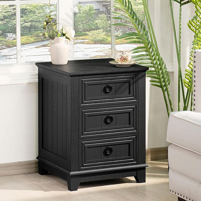 Farmhouse Night Stand Set of 2, 18" End Table with 3 Drawer Metal Handle, Dresser for Bedroom, Sofa Bed Side Table Chest of Drawers,Wood Nightstand Cabinet for Organizer, Living Room-Black-Ruum Studio Home