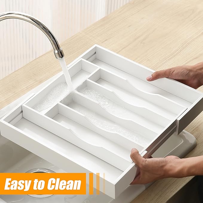 Bellsal White Silverware Organizer Kitchen Drawer Organizer Expandable Bamboo Utensil Holder Cutlery Tray for Kitchen Utensil and Flatware Bedroom Office-Ruum Studio Home
