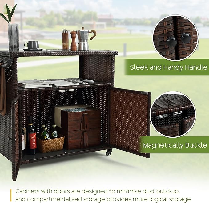 Wicker Outdoor Bar Cart - Brown Patio Console Storage Table Buffet Cabinet Serving Kitchen Cart with Wheels for Outside Backyard-Ruum Studio Home