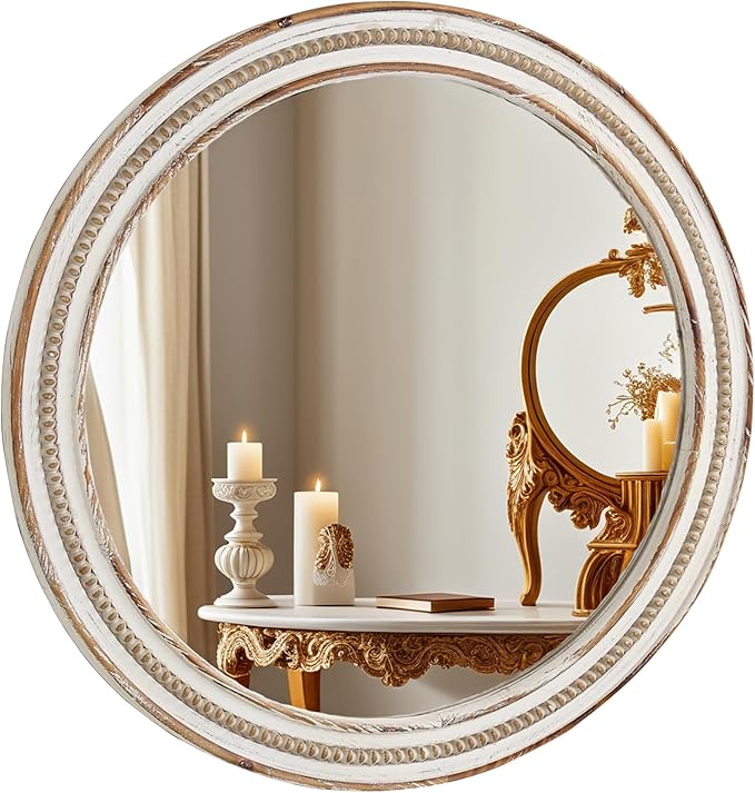 24 Inch Round Mirror - Distressed Vintage Farmhouse Mirror for Bathroom Wall, Living Room, Bedroom & Entryway, Handmade Wood Frame-Ruum Studio Home