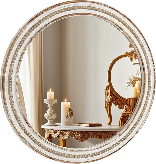 24 Inch Round Mirror - Distressed Vintage Farmhouse Mirror for Bathroom Wall, Living Room, Bedroom & Entryway, Handmade Wood Frame-Ruum Studio Home