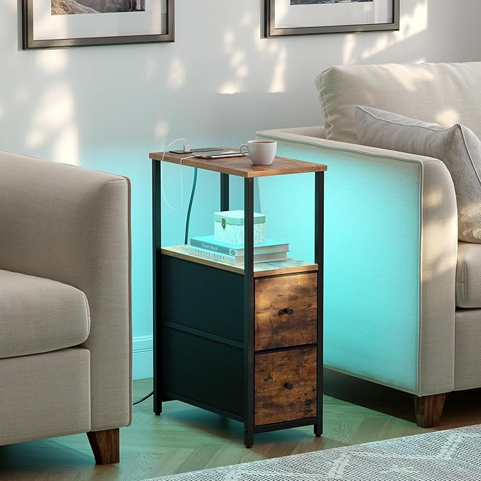 TUTOTAK Small Narrow LED End Table with Charging Station, Side Table Outlets, Nightstand with 2 Cloth Drawers, Couch Table, for Living Room, Bedroom, Bedside, Brown TB01BB085L-Ruum Studio Home