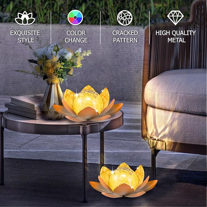 Garden Solar Light Outdoor(2Pack),Crackle Globe Glass Lotus Decoration, Waterproof Metal LED Flower Lights for Patio,Lawn,Walkway,Tabletop,Ground-Ruum Studio Home