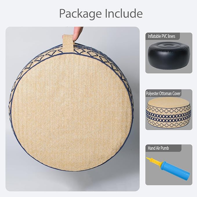 Outdoor Inflatable Ottoman with Air Pump, Embroidery Patio Footrest Stool D21”x H9”, Round Pouf Ottoman with Portable Handle Suitable for Garden, Camping, Bedroom, Living Room-Ruum Studio Home