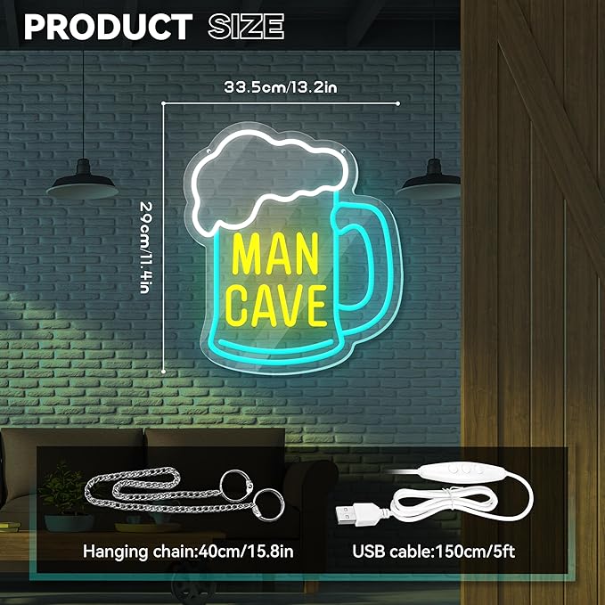 Man Cave Neon Sign, Beer Neon Signs for Wall Decor, Dimmable Acrylic Neon Lights for Man Cave Gamer Room Bedroom Bar Pub Party Decorations-Ruum Studio Home