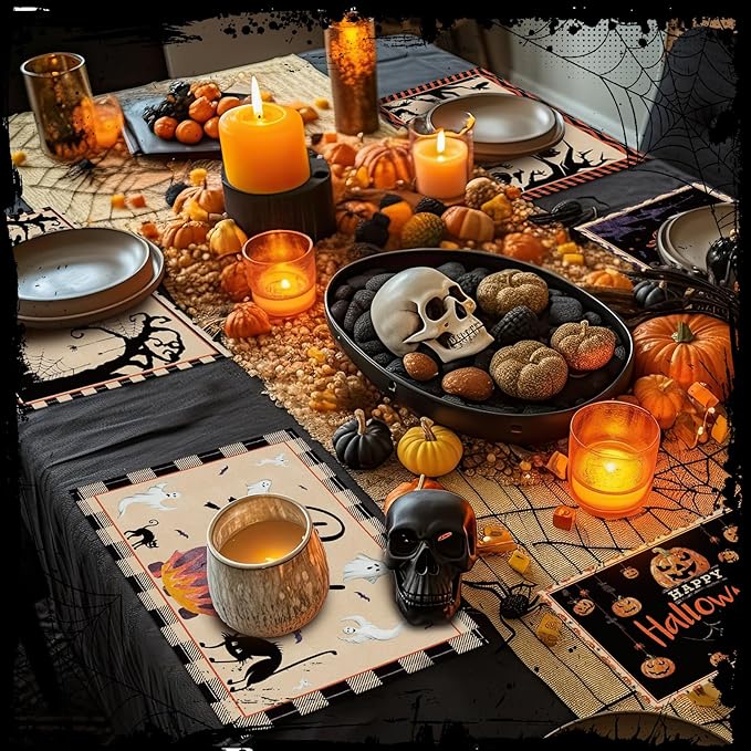 Umigy 6 Pcs Halloween Placemats 12"x18" Gothic Bat Placemats Kitchen Decoration Washable Witch Place Mats Rectangle Skull Table Mats for Halloween Dining Table Accessories(Classic)-Ruum Studio Home
