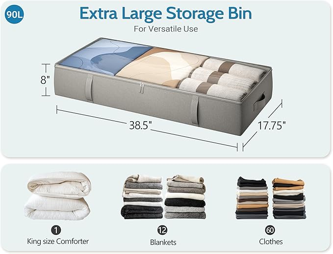 2-Pack Under Bed Storage Containers, 8 Inches Tall Underbed Clothes Storage Organizer Bin with Sturdy Sidewalls/Bottom, Under the Bed Storage Bags 2 Storage Bins, Light Grey-Ruum Studio Home