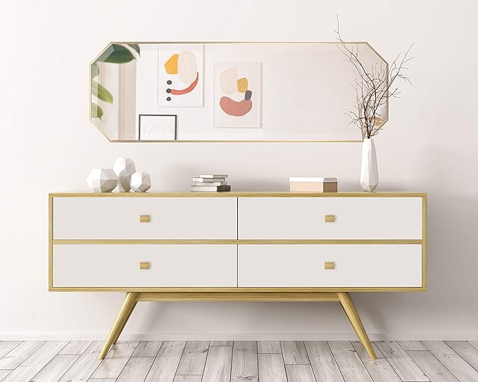 Kate and Laurel Rhodes Modern Full Length Framed Octagon Wall Mirror, 16 x 48, Gold, Decorative Glam Geometric Wall Accent-Ruum Studio Home