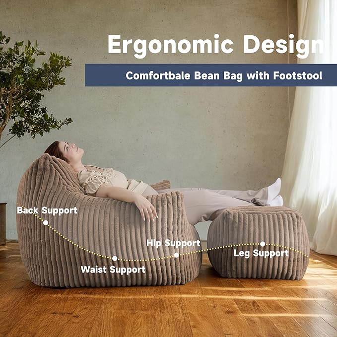 Giant Bean Bag Chairs for Adults, Oversized Chaise Lounge Chair Indoor with Memory Foam - Plush Boneless Lounger & Ottoman for Bedroom, Living Room, Gaming & Reading, Lazy Floor Sofa Chair, Khaki-Ruum Studio Home
