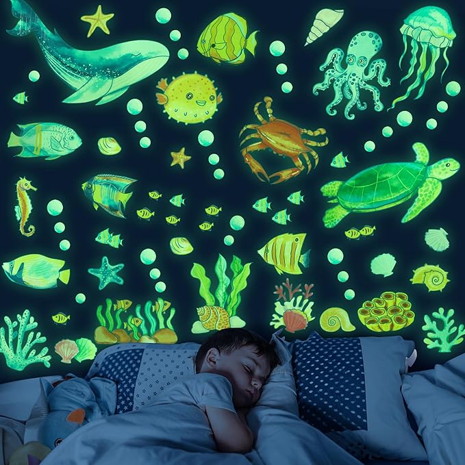 Ocean Fish Wall Decals Glow in The Dark, Removable Sea Turtle Wall Stickers, Luminous Wall Decor for Nursery Playroom Bedroom, Birthday Christmas Gift Decoration-Ruum Studio Home