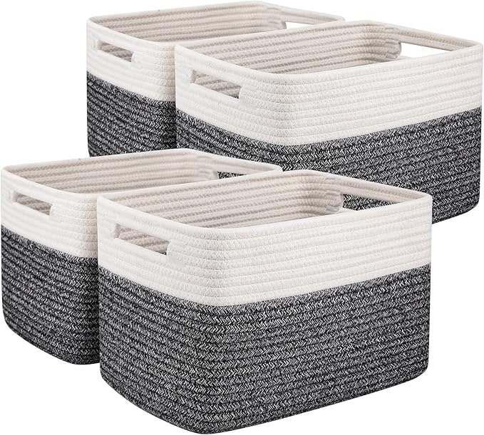 OIAHOMY 4 Pack Storage Baskets for Organizing, Basket for Shelves with Handle, Woven Baskets for Storage Toys, Towels, Books, Cotton Rope Basket 13" L x 9 " W x 7.8 " H, Black & White-Ruum Studio Home