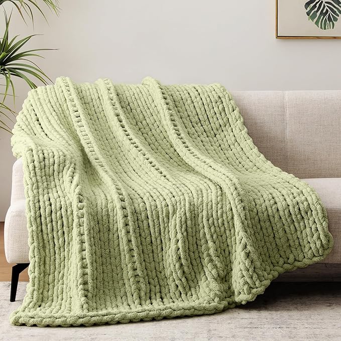 Chunky Knit Throw Blanket, 60''*80'' Knitted Throw Chenille Yarn for Bed Couch, Handmade Light Green Crochet Big Thick Blanket, Machine Washable Cute Comfy Blanket for Home Decor-Ruum Studio Home