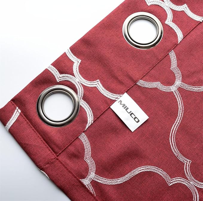 MIUCO Moroccan Embroidery Semi Sheer Curtain Panels Faux Linen Grommet Curtains for Kids Room 52 x 95 Inch 2 Panels, Burgundy-Ruum Studio Home