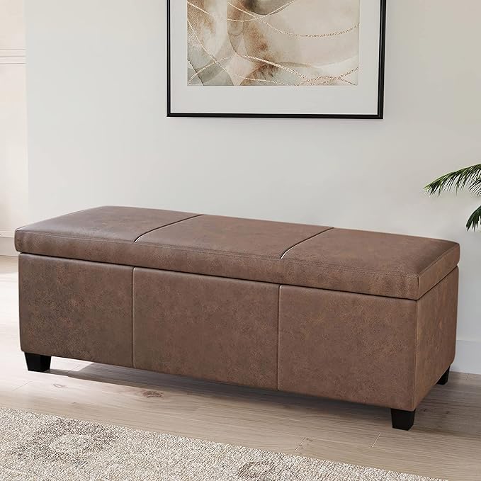 BELLEZE 47 Inch Storage Ottoman, Faux Leather Storage Bench Bedroom Bench with Safety Close Hinge, Ottoman with Storage for Living Room, Entryway, Hallway, Foot Rest, Support 300lbs - Rustic Brown-Ruum Studio Home