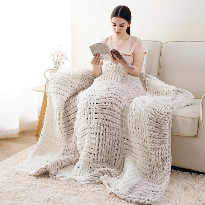 Battilo Chunky Knit Throw Blanket, Soft and Thick Chenille Throw Blanket, 50"x60" Handmade Cable Knit Crochet Blanket, Large Rope Knot Throw Blankets for Couch Sofa Bed Home Decor, Beige & White-Ruum Studio Home