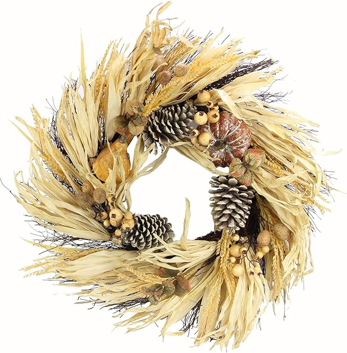 Admired By Nature Pumpkin Wheat Berry Corn Husk Wreath - 24" Artificial Hanging Wreath for Home Decor, Offices, Weddings, Events, Parties, Thanksgiving-Ruum Studio Home