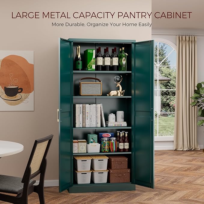 71" Metal Pantry Cabinet, Tall Kitchen Pantry Storage Cabinet with 4 Adjustable Shelves and Gold Handles, Green Cupboard for Kitchen, Dining Room, Living Room-Ruum Studio Home