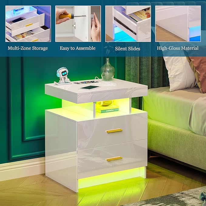 Night Stand with Light, High Gloss Nightstand with USB/Wireless Charging Station, LED White Nightstands with Storage Drawers, RGB Side End Table for Bedroom Furniture（White-Ruum Studio Home