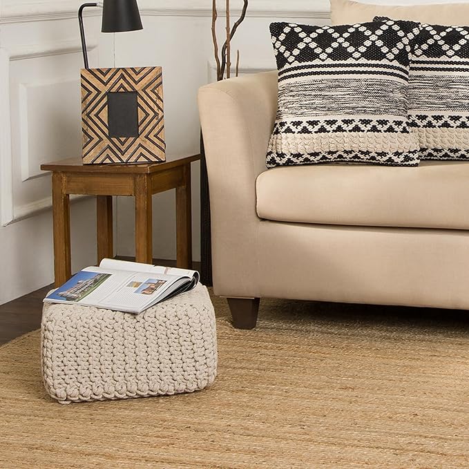 REDEARTH · Cube Low Pouf Foot Stool Ottoman - Hand Knitted Poof - Cord Boho Pouffe - Home Décor - Stuffed Footrest for Living Room - Nursery - Bedroom - Covered Patio - Room (16" x 16" x 8") - Ivory-Ruum Studio Home