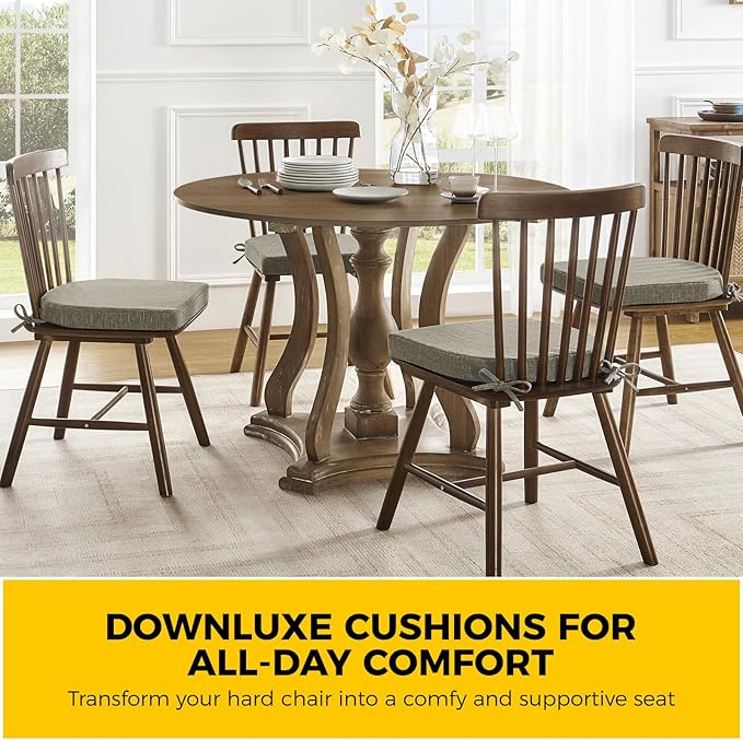 downluxe Indoor Chair Cushions for Dining Chairs, Soft and Comfortable Textured Foam Kitchen Chair Pads with Ties and Non-Slip Backing, 16" x 16" x 2", Khaki, 4 Pack-Ruum Studio Home