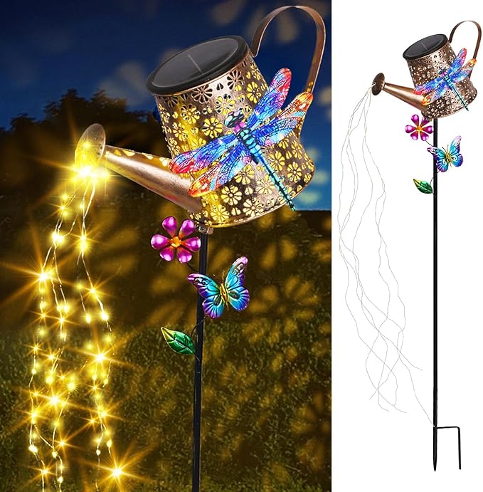 Solar Lights Outdoor Decorative, 39.4'' Metal Solar Watering Can Lights with Dragonfly, Waterproof Garden Stake Lights for Yard Lawn Patio Pathway Landscape, Gardening Gifts for Mom Grandma Women-Ruum Studio Home