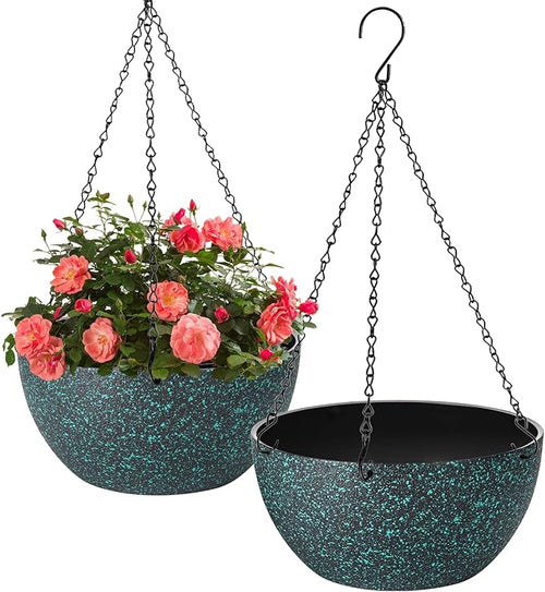 10 inch Hanging Planters for Indoor Plants, 2 Pack Planters for Outdoor Plants with Drainage Holes and Chain, Round Plastic Hanging Baskets, Hanging Flower Pots for Balcony Garden Decor-Black Speckle-Ruum Studio Home
