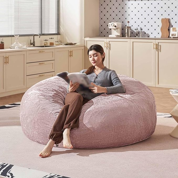 Bean Bag Chair 6Ft, Memory Foam Filled, Large Beanbag Chairs for Adults and Teens, Soft Sofa with Removable Flannel Cover, Round Couch for Living Room Bedroom College Dorm (Pink, 6FT-67×67"×24")-Ruum Studio Home