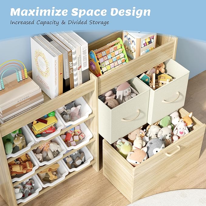 Toy Storage Organizer for Kids, 9-Bin Toy Organizer with 2-Drawers,Movable Toy Chest and Top Rack, Multifunctional Kids Bookshelf and Toy Storage for Living Room, Playroom, Nursery, White-Ruum Studio Home