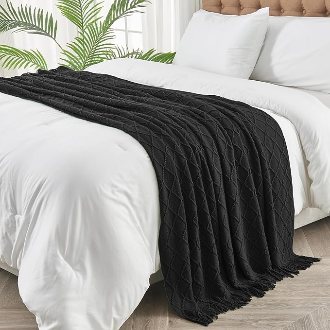 inhand Knitted Throw Blankets for Couch and Bed, Soft Cozy Knit Blanket with Tassel, Black Lightweight Decorative Blankets and Throws, Farmhouse Warm Woven Blanket for Men and Women, 60"x80"-Ruum Studio Home