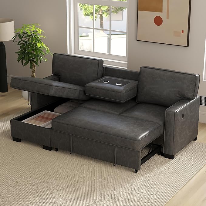 EBELLO Convertible Sleeper Sofa 3 in 1, Faux Leather Modern L-Shaped Couches for Living Room, Pull Out Sectional Futon Sofa Bed with Storage Space, USB Ports and Cup Holders for Bedroom-Ruum Studio Home