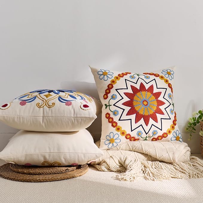 Embroidered Throw Pillow Cover 18x18 Classic Fall Boho Floral Pattern Pillows Cover Outdoor Decorative Pillowcase,Durable Cozy Textured Cushion Case for Sofa Couch Bed Living Room,Orange-Ruum Studio Home